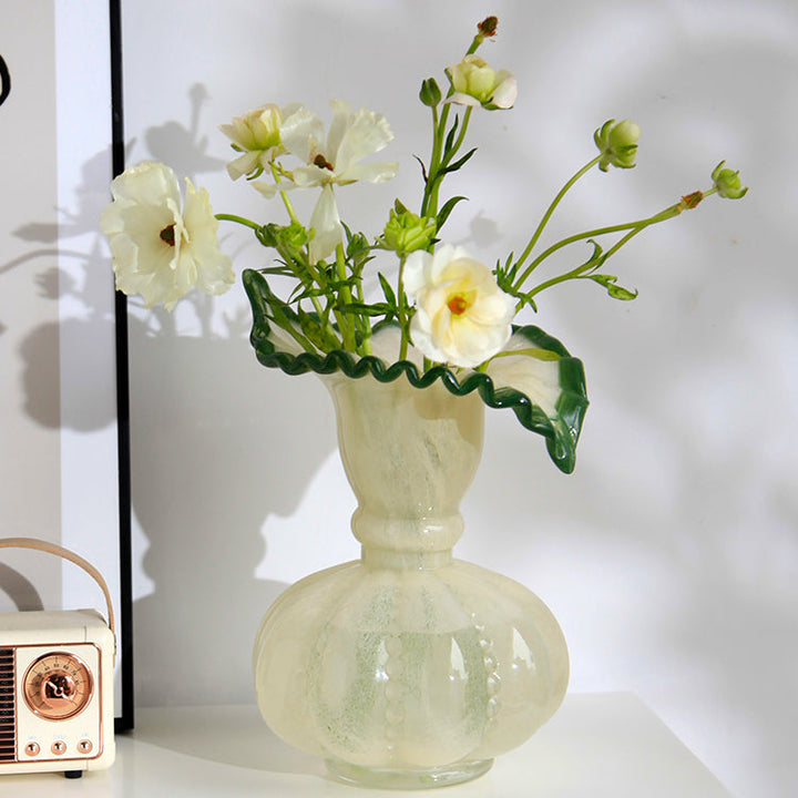 Vintage Ruffled Green Edged Cream Glass Vase