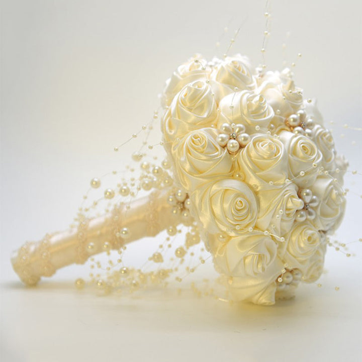 Satin Roses with Pearls Handmade Wedding Bouquet