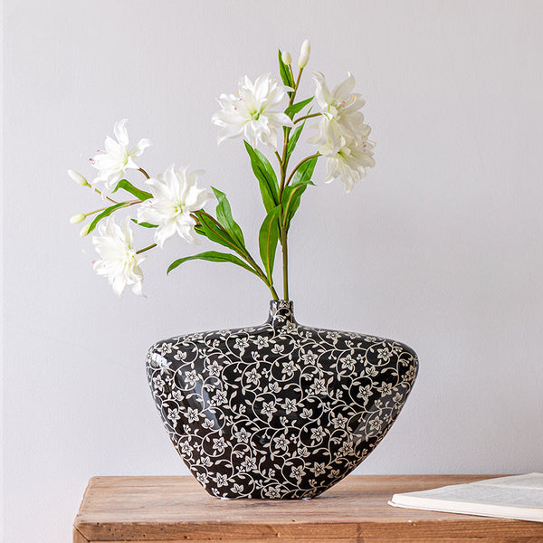 Black White Floral Vintage Ceramic Art Vase