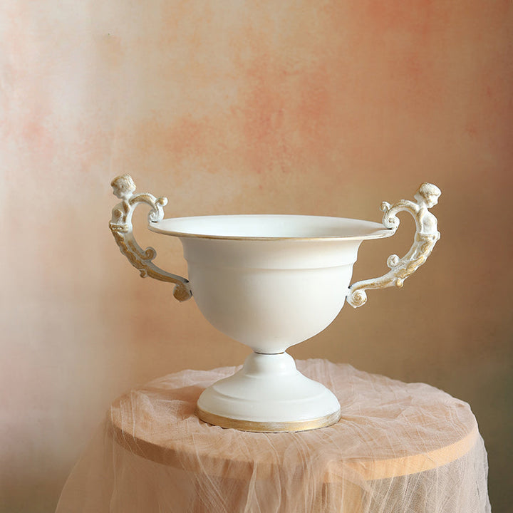Vintage Metal White Compote Vase with Handles
