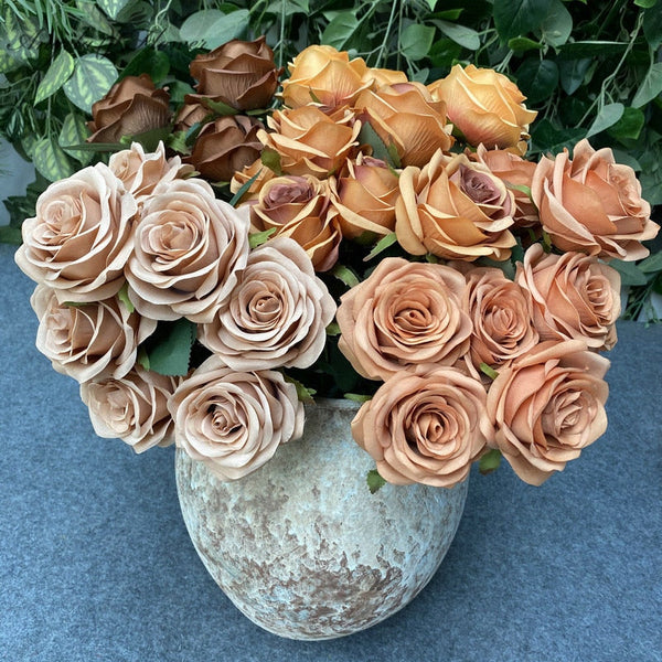 9 Heads Coffee Color Rose Artificial Bouquet, perfect as silk artificial flowers.