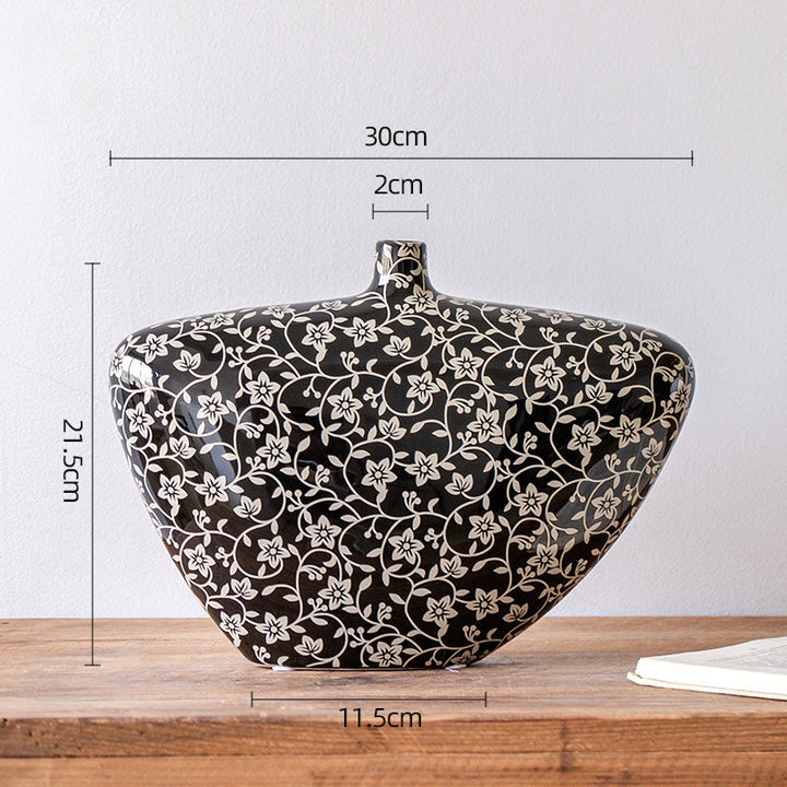 Black White Floral Vintage Ceramic Art Vase