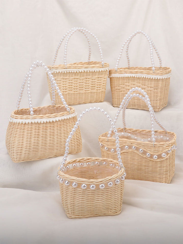 Waterproof Rattan Flower Basket with Pearl Handle