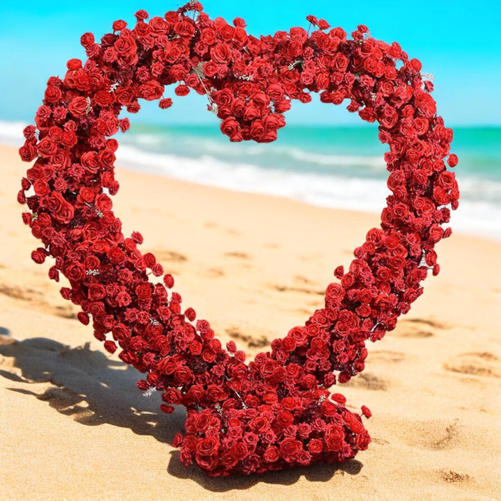 Floral Wedding Arch by the Beach 5D Red Rose Wedding Arch Heart Shaped Floral Set Backdrop For Proposal Wedding Party 