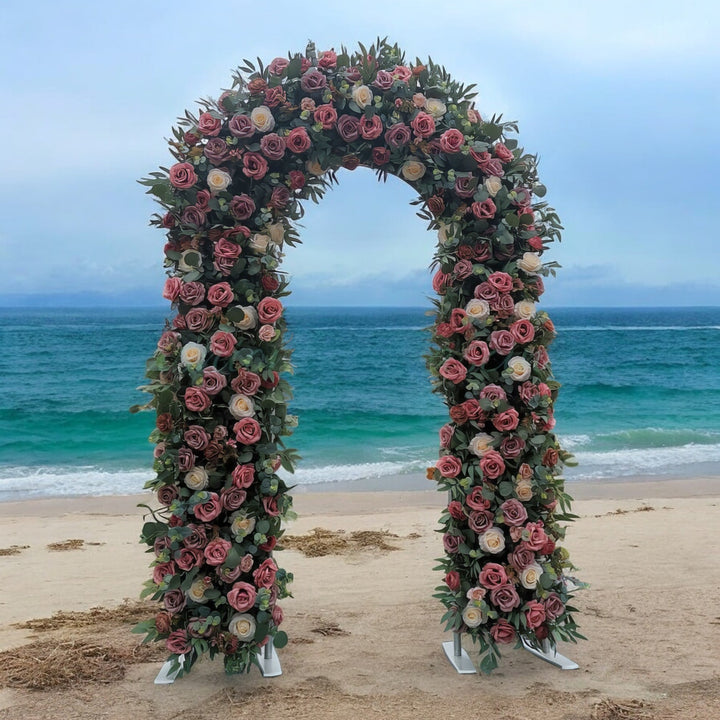 Purple Floral Wedding Arch Set standing on beach by the ocean for Wedding Party Decor