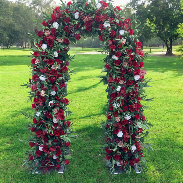 Red, White Rose & Greenery Wedding Arch Floral Wedding Arch in a park for Wedding Party Decor Proposal