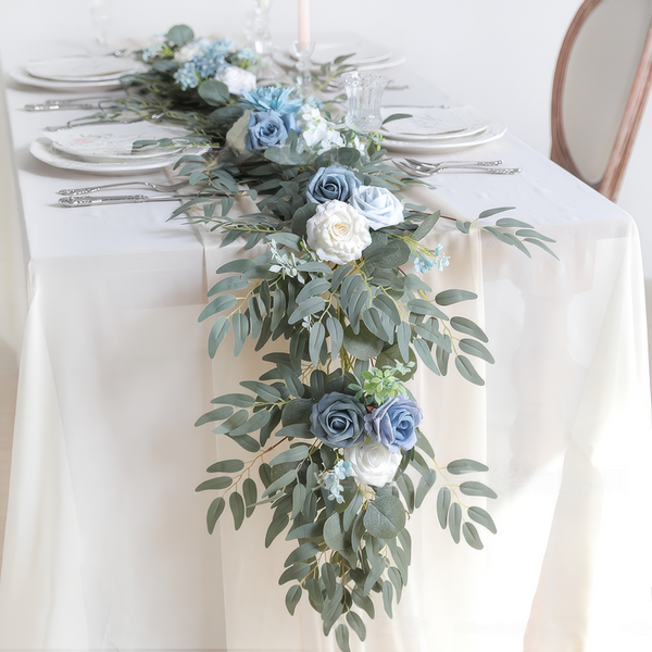 6ft Head Table Flower Garland In Dusty Blue & Ivory