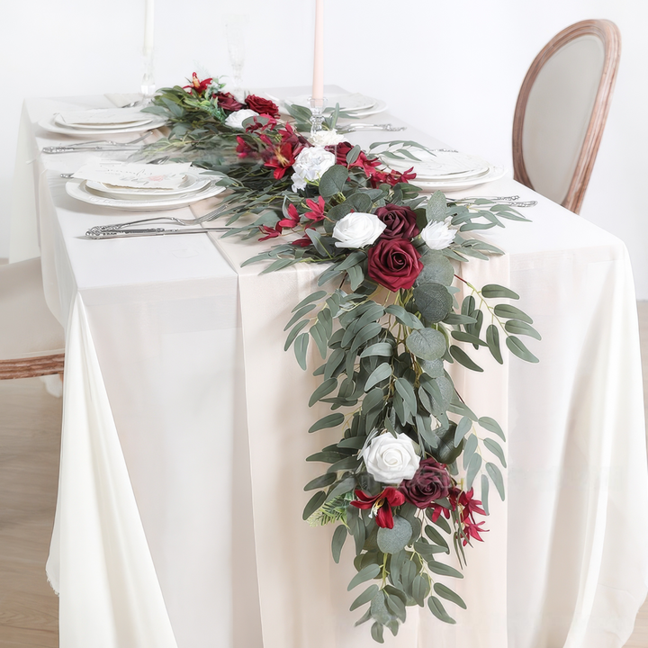 6ft Head Table Flower Garland In Burgundy & Pristine White