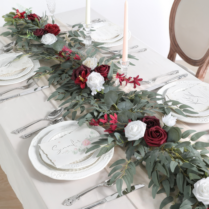 6ft Head Table Flower Garland In Burgundy & Pristine White