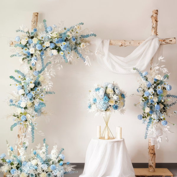 Pastel Blue & Ivory Wedding Arch Decor With Silk Roses