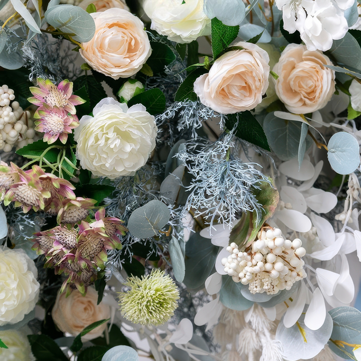 Dusty Blue & Ivory Wedding Arch Decor With Silk Roses & Floral