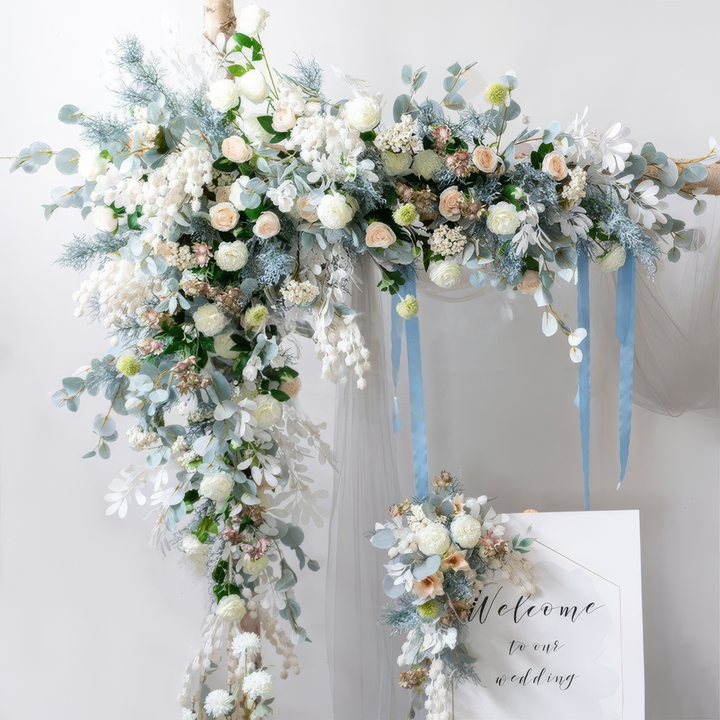 Dusty Blue & Ivory Wedding Arch Decor With Silk Roses & Floral