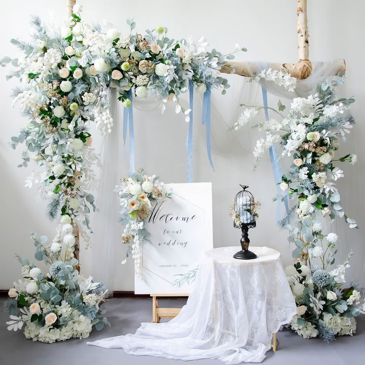 Dusty Blue & Ivory Wedding Arch Decor With Silk Roses & Floral