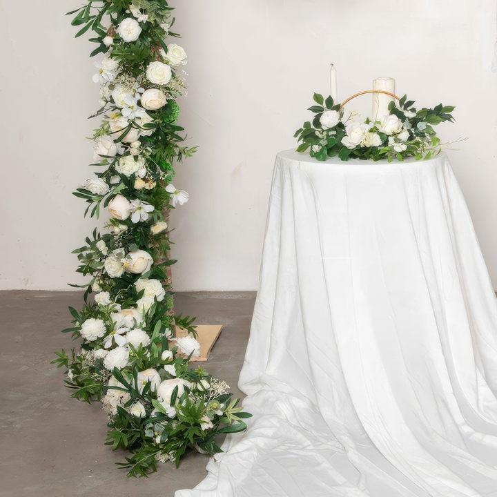 Blush White Flower Garland Wedding Arch Decor With Silk Roses & Drape