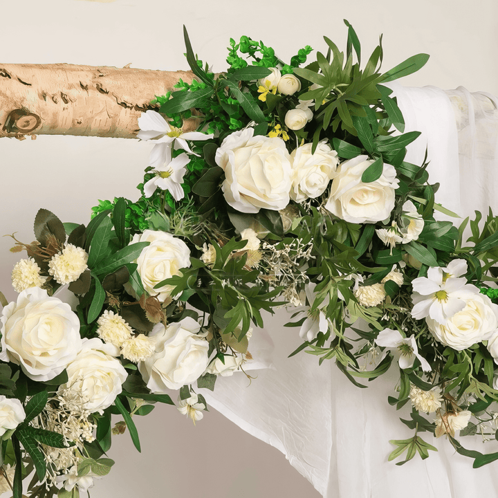 Blush White Flower Garland Wedding Arch Decor With Silk Roses & Drape