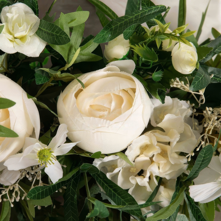 Blush White Wedding Arch Decor With Silk Roses & Drape