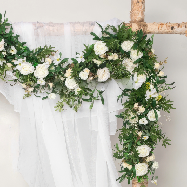 Blush White Flower Garland Wedding Arch Decor With Silk Roses & Drape