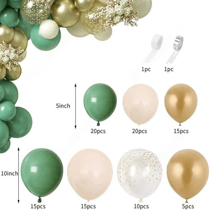 Balloon garland kit in green, gold, and cream for elegant event decor
