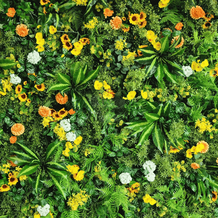 Tropical Oasis floral wall backdrop with vibrant green foliage and colorful flowers.
