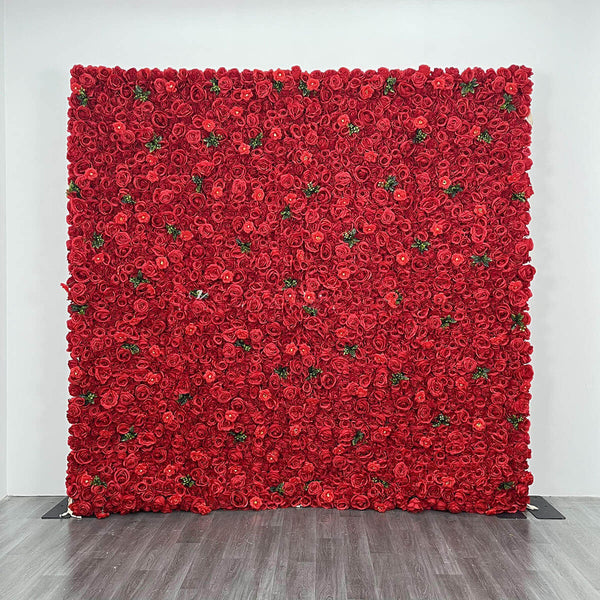 Lush red rose flower wall backdrop for weddings and events
