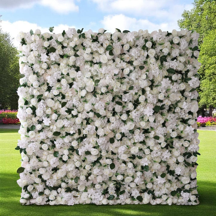 Pure elegance white and green flower wall backdrop for weddings and events.
