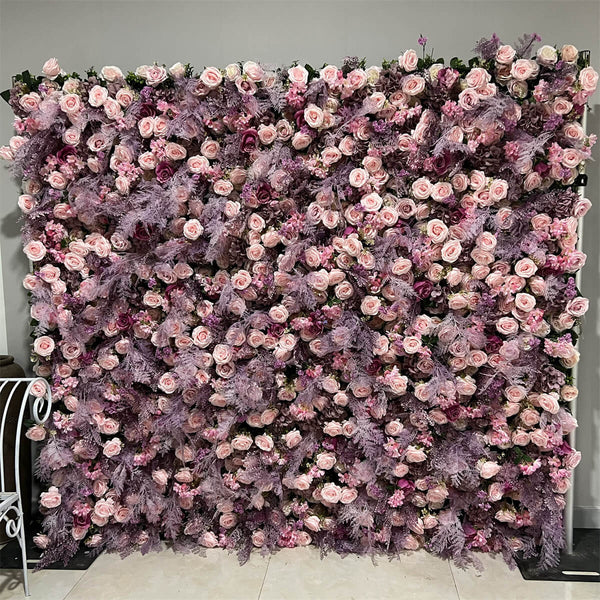 Blush Elegance floral wall backdrop with soft pink and mauve roses.
