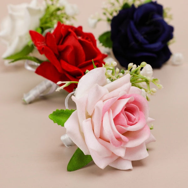 Elegant Silk Rose Boutonniere In Pink, Red And Royal Blue for Weddings