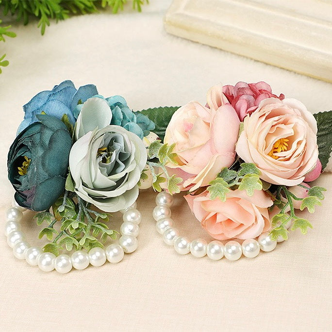 Graceful Wedding Floral Corsage with Pearls in Dusty Pink, Dusty Blue, and Lavender