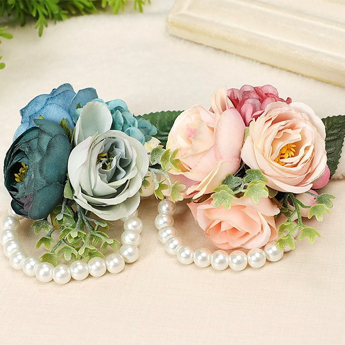 Graceful Wedding Floral Corsage with Pearls in Dusty Pink, Dusty Blue, and Lavender