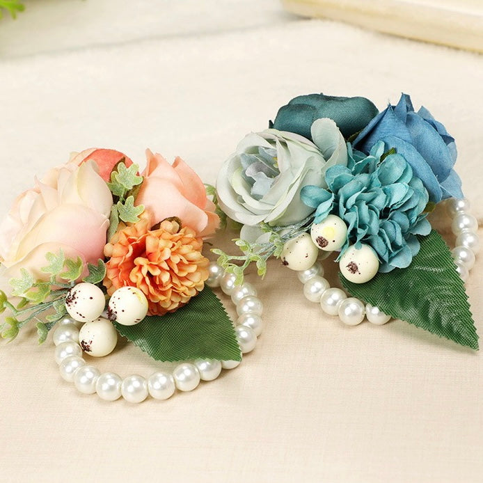 Graceful Wedding Floral Corsage with Pearls in Dusty Pink, Dusty Blue, and Lavender