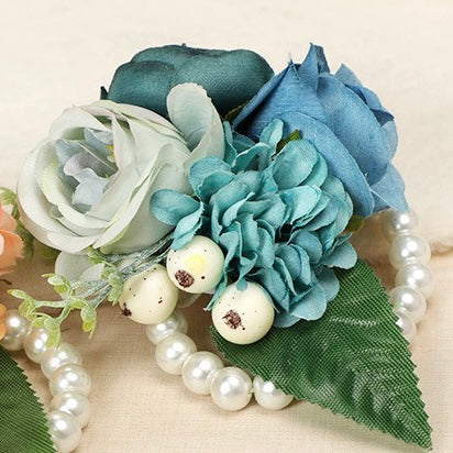 Graceful Wedding Floral Corsage with Pearls in Dusty Pink, Dusty Blue, and Lavender