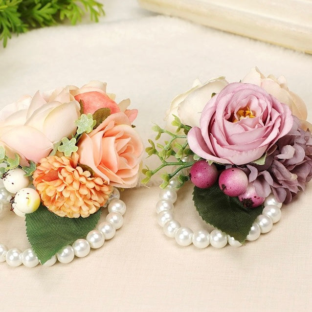 Graceful Wedding Floral Corsage with Pearls in Dusty Pink, Dusty Blue, and Lavender