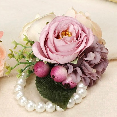 Graceful Wedding Floral Corsage with Pearls in Dusty Pink, Dusty Blue, and Lavender