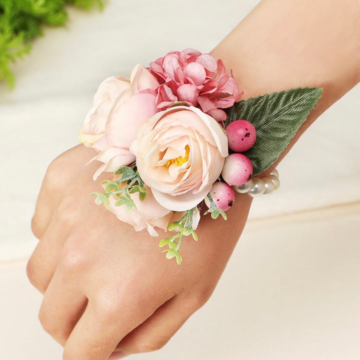 Graceful Wedding Floral Corsage with Pearls in Dusty Pink, Dusty Blue, and Lavender