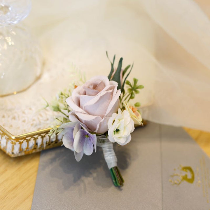 Elegant Wedding Flowers Dusty Rose  Boutonniere with Silk Flowers