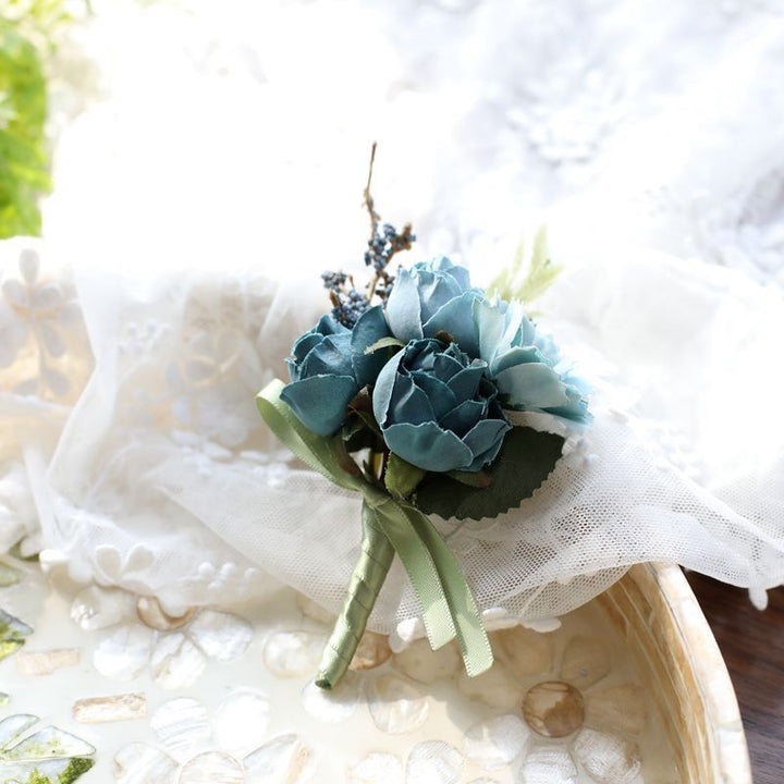 Elegant Silk Rose Wedding Flowers Dusty Blue Boutonniere