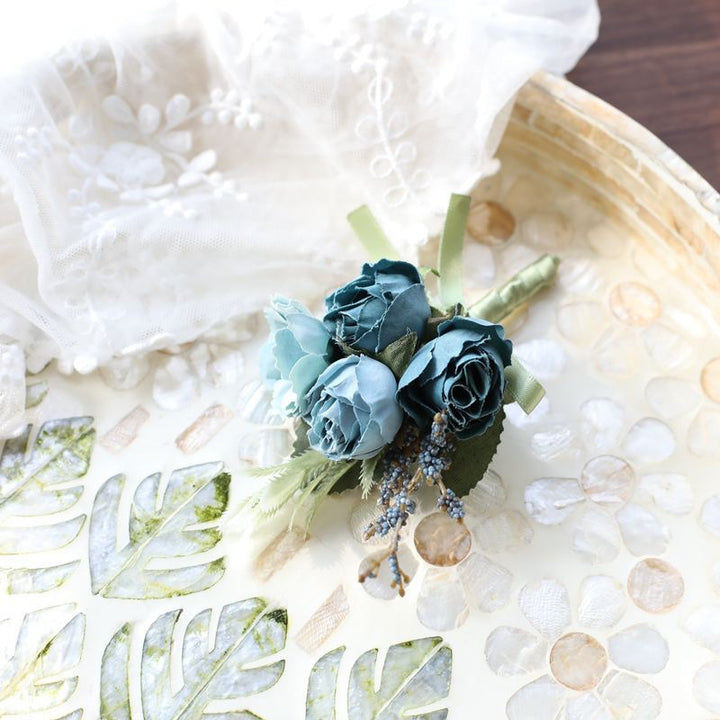 Elegant Silk Rose Wedding Flowers Dusty Blue Boutonniere