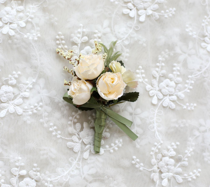 Elegant Silk Rose Wedding Flowers Ivory Rose Boutonniere