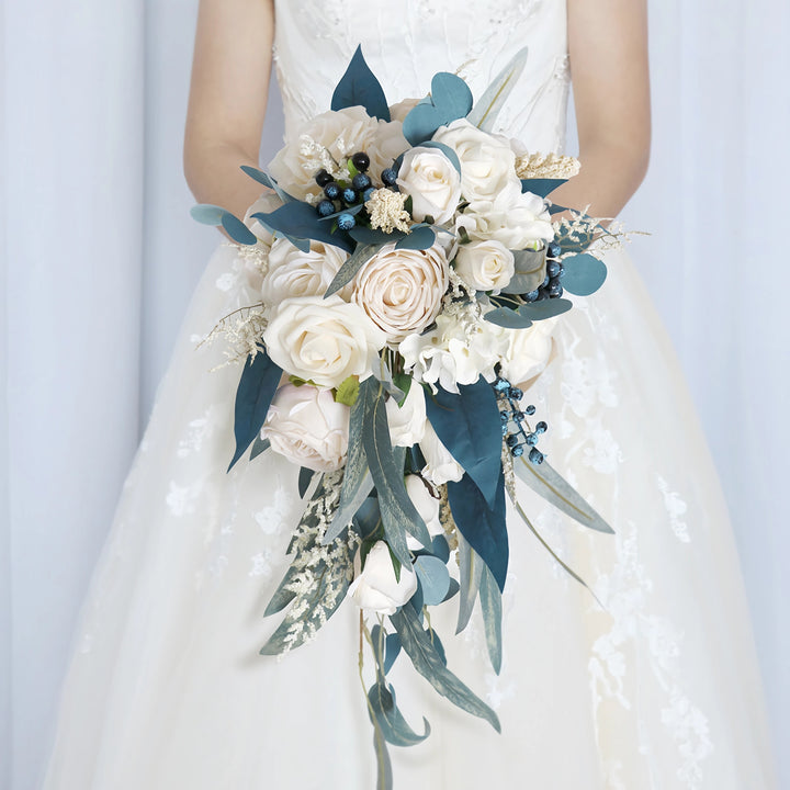 White and Blue-Green Cascade Bridal Bouquet