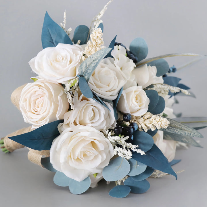 White and Blue-Green Cascade Bridal Bouquet