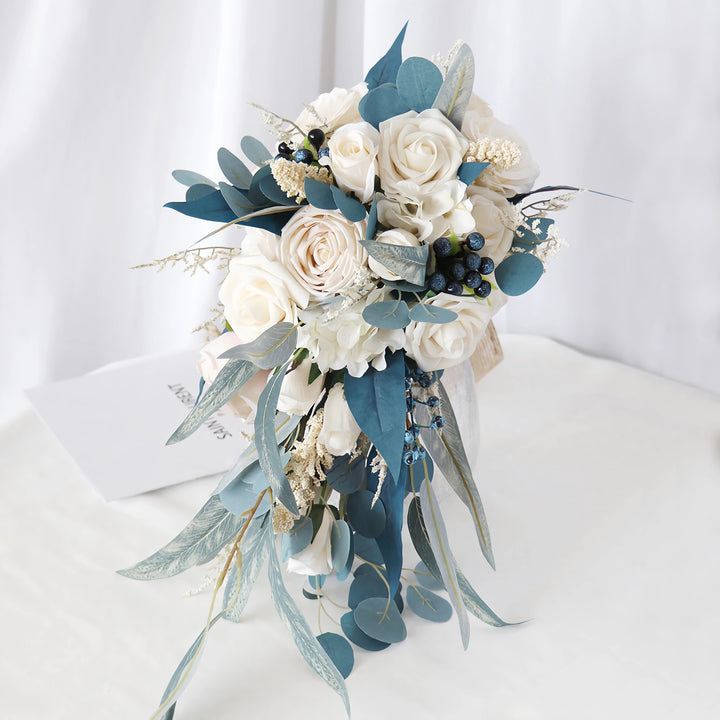 White and Blue-Green Cascade Bridal Bouquet