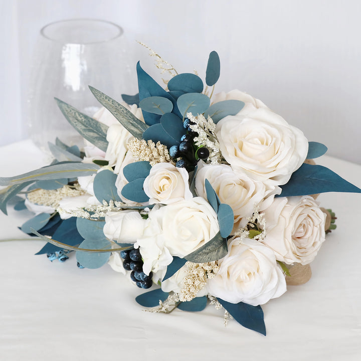 White and Blue-Green Cascade Bridal Bouquet