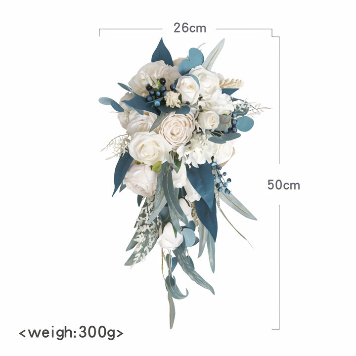 White and Blue-Green Cascade Bridal Bouquet