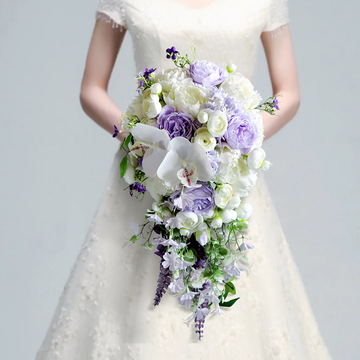 Elegant Purple and White Cascade Bridal Bouquet