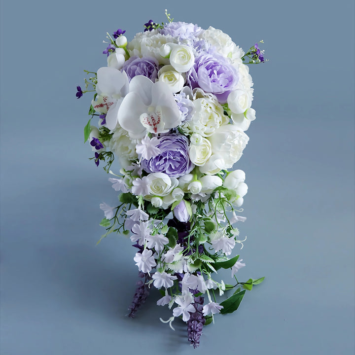 Elegant Purple and White Cascade Bridal Bouquet