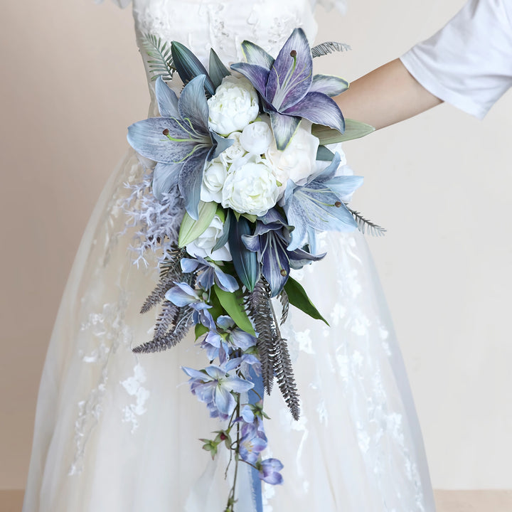 Dusty Blue and Lavender Cascade Bridal Bouquet