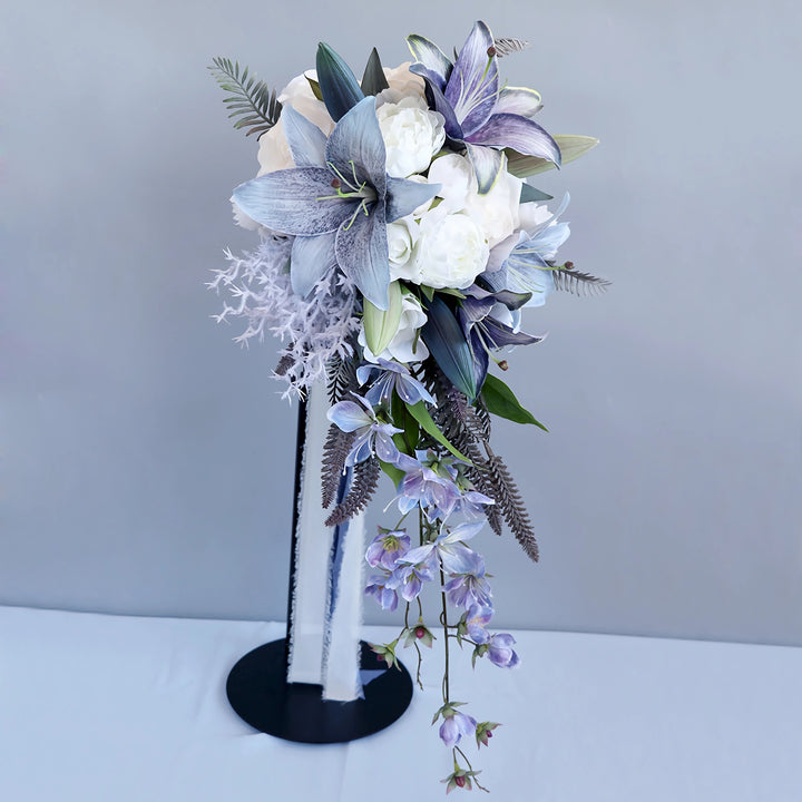 Dusty Blue and Lavender Cascade Bridal Bouquet