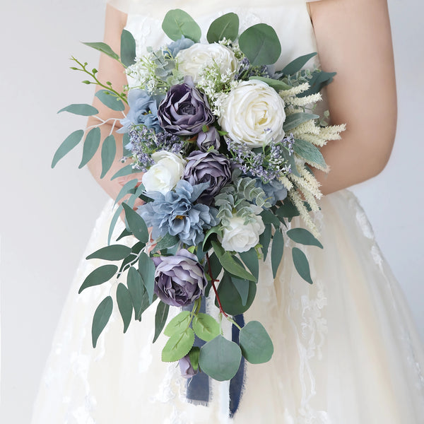 Dusty Blue, Lavender and White Cascade Bridal Bouquet