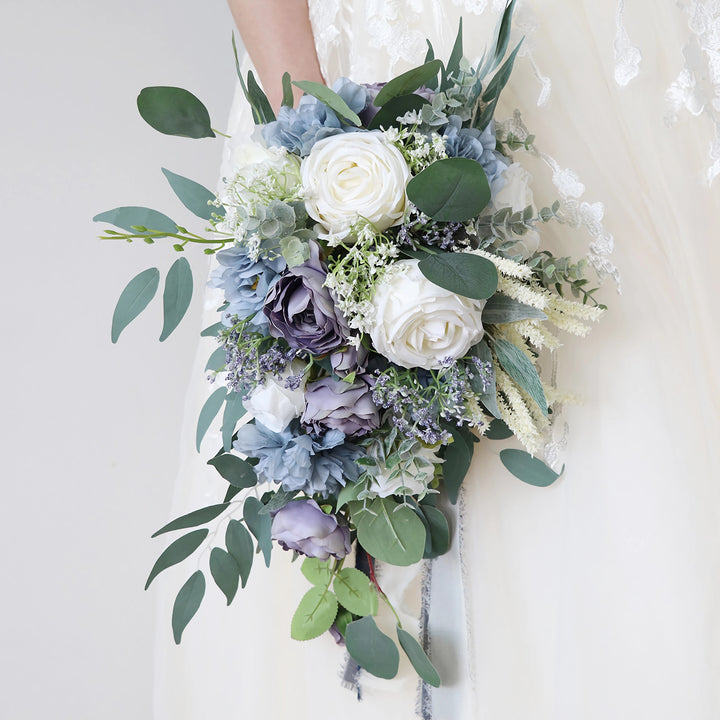 Dusty Blue, Lavender and White Cascade Bridal Bouquet