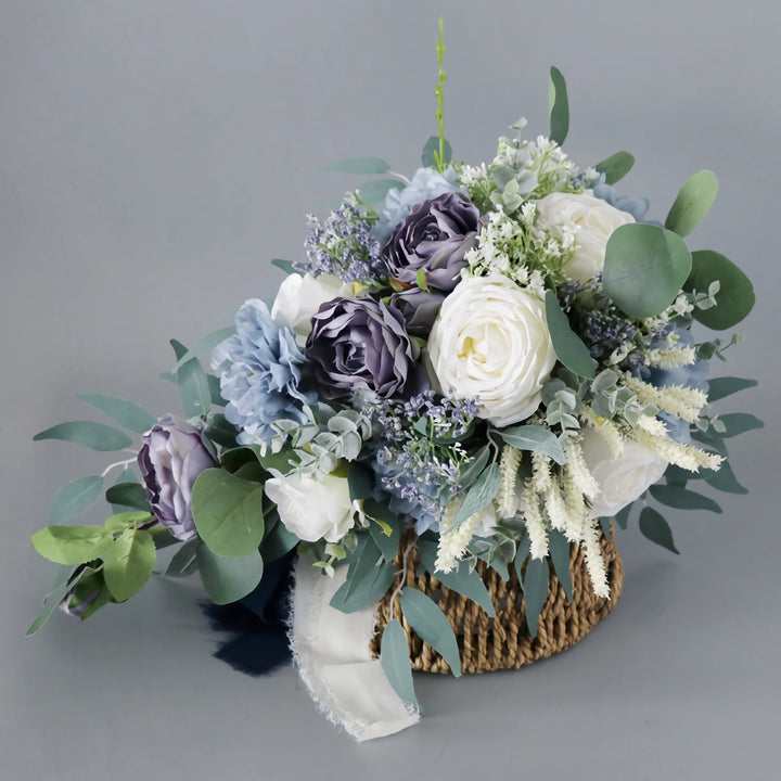 Dusty Blue, Lavender and White Cascade Bridal Bouquet